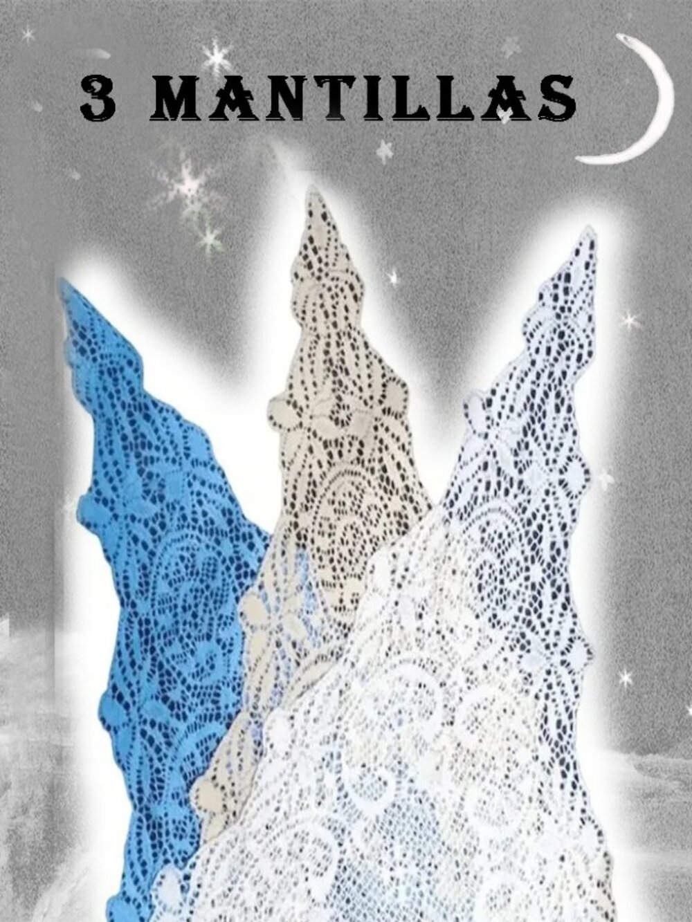 Lace Mantilla Scarves - Three Scarf Bundle - Blue Beige White - Vintage